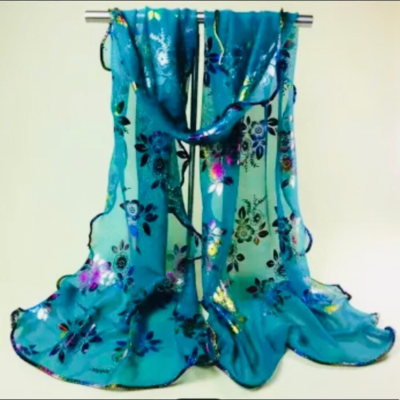 New! Floral Metallic Chiffon Scarf - Picture 4 of 9